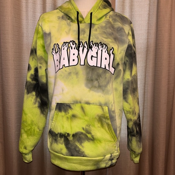 Rue21 Babygirl Neon Green and Black Tie Dye Hoodie with Pocket Womens Medium - Picture 1 of 13